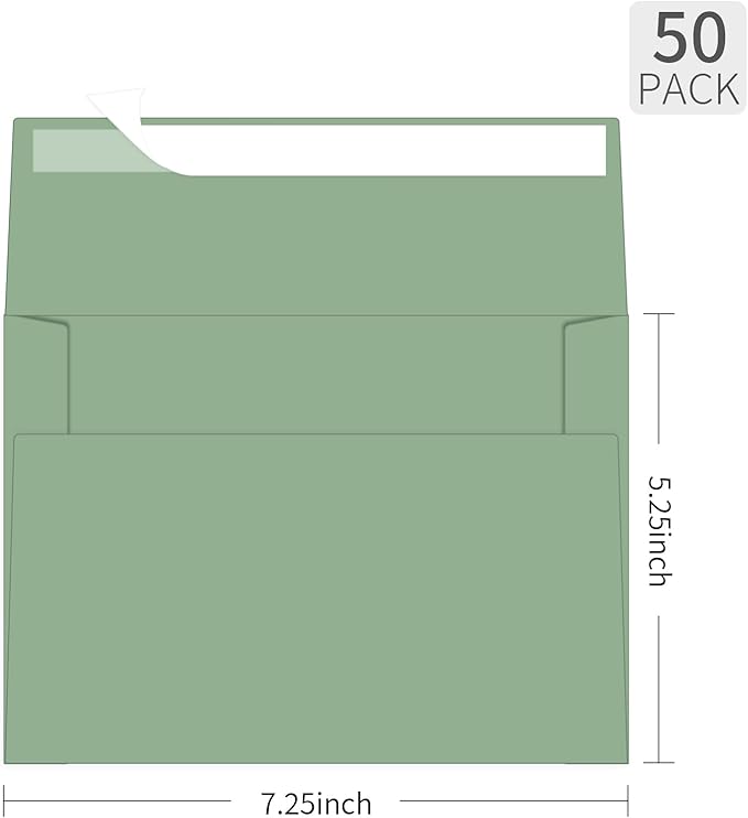 5x7 Envelopes For Invitation A7 Envelope green,50 pack 5x7 card Envelopes Self Seal,for weddings, greeting cards,baby shower,photos,birthday (50, Green, A7)