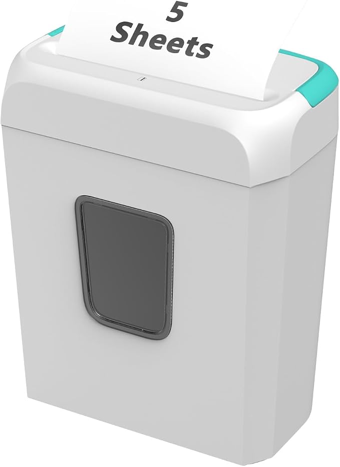 Bonsaii 5-Sheet Crosscut Shredder, Perfect for Home or Office Use, Shreds Paper, Credit Cards, Staples & Clips, 3.4-Gallon Bin, White/Blue