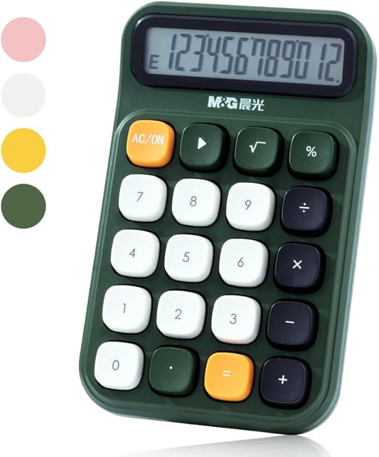 M&G Mechanical Switch Calculator, 12 Digits, Large LCD Display and Big Buttons, Cute Green Desktop Calculator for Office, Home, School (Battery Included)