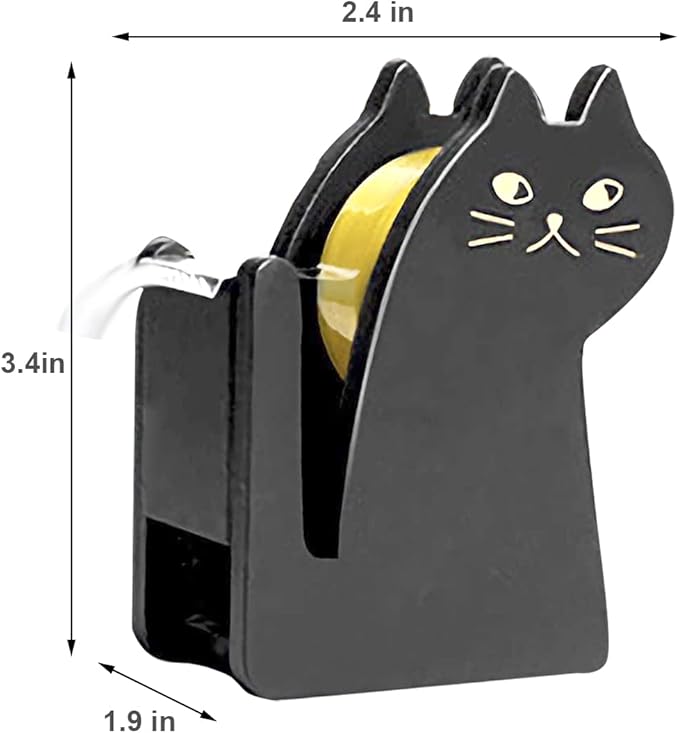 Cute Cat Tape Dispenser,Vintage Wooden Kitty Tape Cutter with 1 Roll Tape for Home Office Desktop Accessory (Black)
