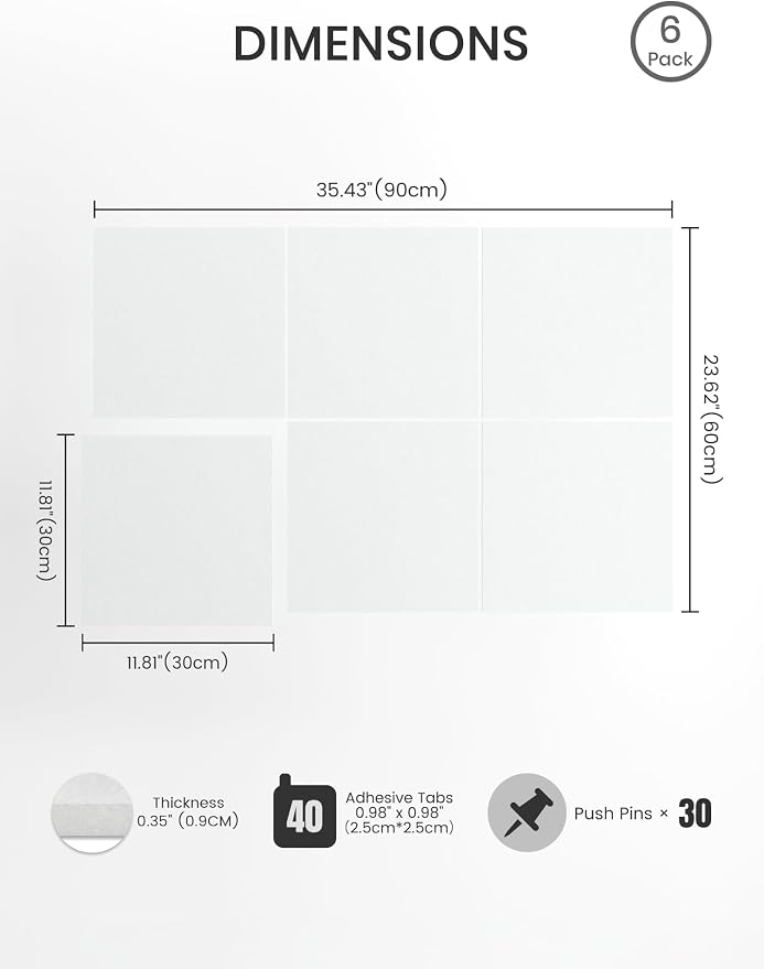Bumusty 36" x 24" Large Cork Board Alternative, Cold White | 6-Pack Felt Bulletin Board Tiles, 60 Adhesive Tabs, 30 Pushpins, Home, Office, Classroom, Vision Board