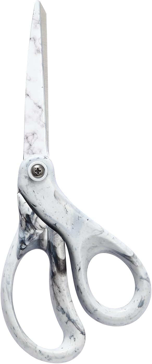 LIVINGO 8" Office Scissors Heavy Duty All Purpose Shears Marble White | Sharp Stainless Steel Blade, Soft Smooth Handle, Sewing Fabric Craft Paper Cutting, Home Office Supplies