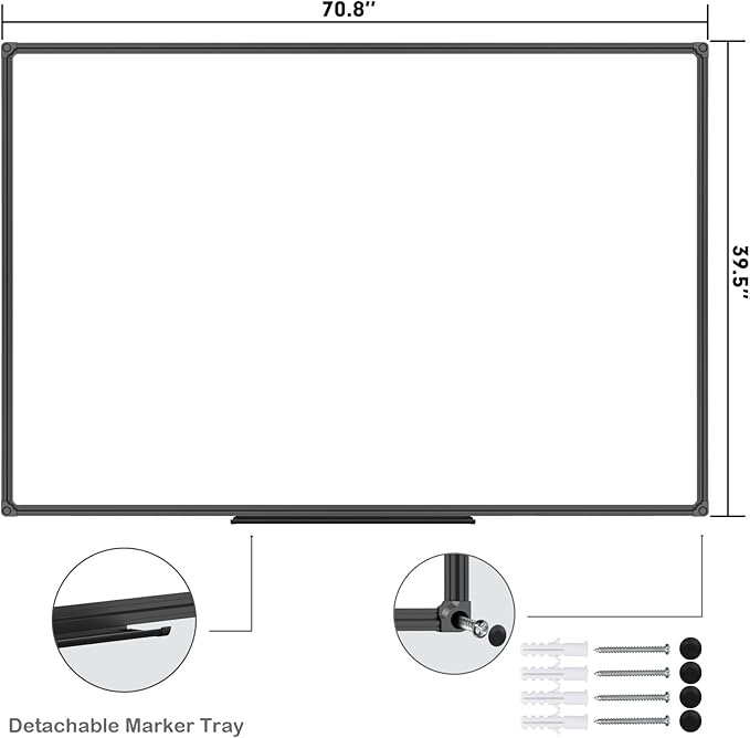 JILoffice Large Magnetic White Board, Dry Erase Board 72 x 40 Inch, Black Aluminum Frame with Detachable Marker Tray, Wall Mounted Board for Office Home and School