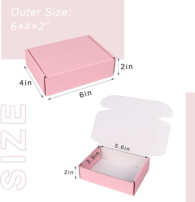 Shipping Boxes Small 6x4x2 Inches, Pink Cardboard Boxes for Packaging, Corrugated Mailing Boxes for Small Business (Pack of 20)