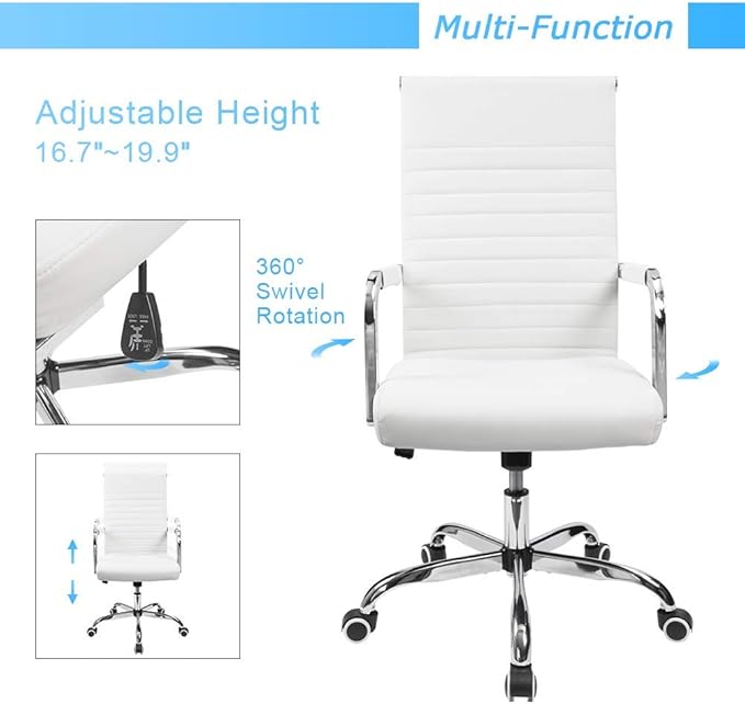 Furmax Ergonomic Office Desk Chair, Executive Ribbed Mid-Back PU Leather Conference Room Chair Adjustable Swivel Chair with Arms (1, White)