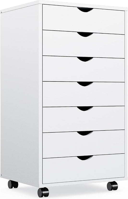 OLIXIS 7 Drawer File Cabinet on Wheels, Printer Stand | Fits Under Desks, Wood Storage Organization Holds Printer, Office Supplies, Not For Hanging Files, For Home Office Use White