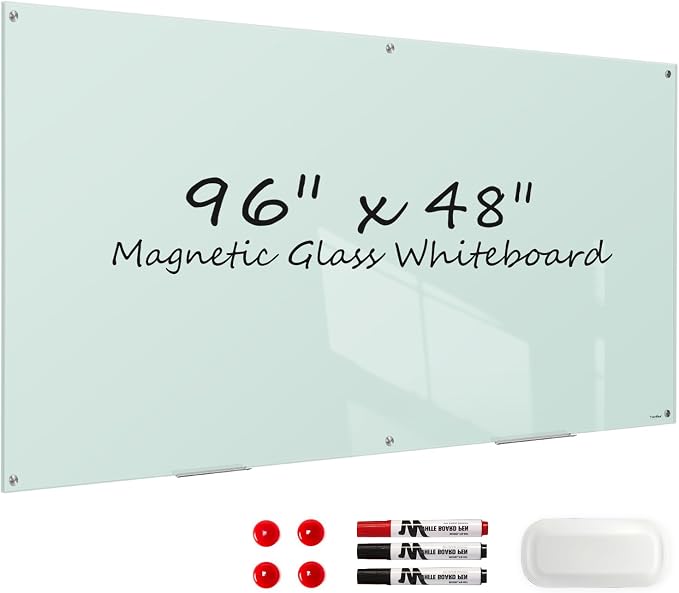 Glass Whiteboard 96x48 Large Magnetic White Board Dry Erase Board for Wall | Magnetic Surface, Dry Erase, Large Frameless Glass Whiteboard, Ideal for Office Home School Classroom Kitchen