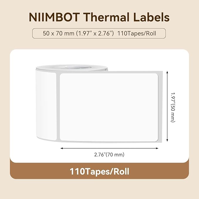 NIIMBOT Labels for B1/B21/B31 Label Maker, 50 x 70 mm (1.97'' x 2.76'') 110 Tapes/Roll, Thermal Label Tape, Waterproof, Oil-Proof for Home Office Small Business Labeling Tape Replacement(White)