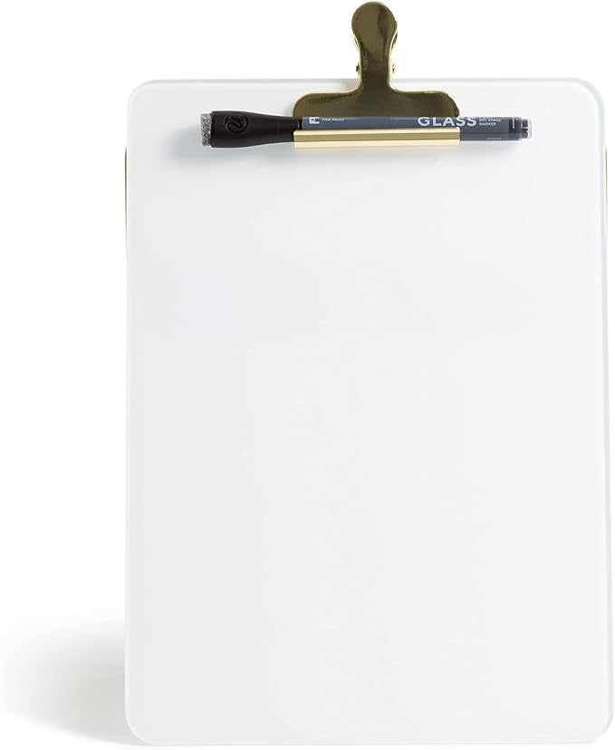 U Brands Desk Whiteboard Easel, Glass Dry Erase Board, Gold Wire Stand | A small white board and standing clipboard in one, with a marker whose cap is its own eraser and a clip that holds papers.