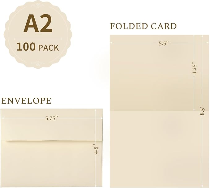 Goefun A2 Cream Folded Blank Cards and Envelopes 100 Pack | Goefun 4.25 x 5.5 Ivory Cardstock and A2 Envelopes Self Seal 100 for Wedding, Invitations, Thank You Cards & All Occasion