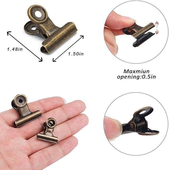 Bulldog Clips with Hole for Push-pin, Paper File Clips with Strong Spring, Small Metal Binder Clips, Seal Clamps for Coffee Tea Food Bags, Decorative Clips for DIY Photo Grid (Bronze, 38 mm)