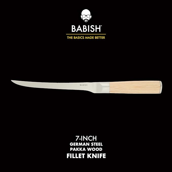Babish 1.4116 German Stainless Steel Boning & Fillet Knife with Light Pakka Wood Handle – 6-Inch Full-Tang Flexible Kitchen Knife for Meat, Poultry, Fish & Precision Butchering