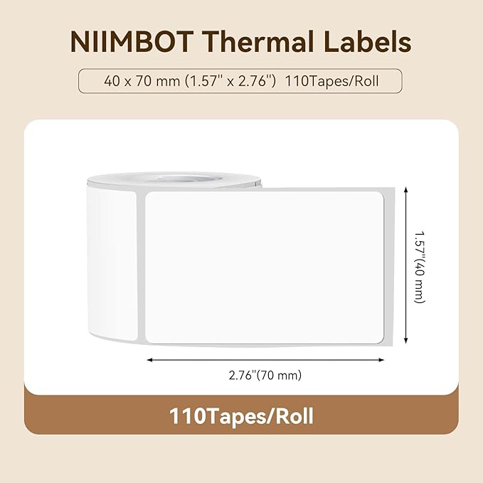 NIIMBOT Labels for B1/B21/B31 Label Maker, 40 x 70 mm (1.57'' x 2.76'') 110 Tapes/Roll, Thermal Label Tape, Waterproof, Oil-Proof for Home Office Small Business Labeling Tape Replacement(White)