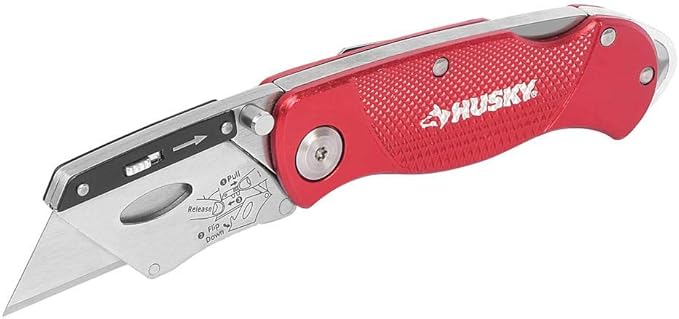 Husky Folding Lock-Back Utility Knife, Red with 10-Blades