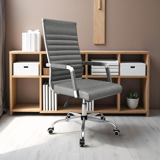 Furmax Ergonomic Office Desk Chair, Executive Ribbed Mid-Back PU Leather Conference Room Chair Adjustable Swivel Chair with Arms (1, Bicolor Vintage Grey)