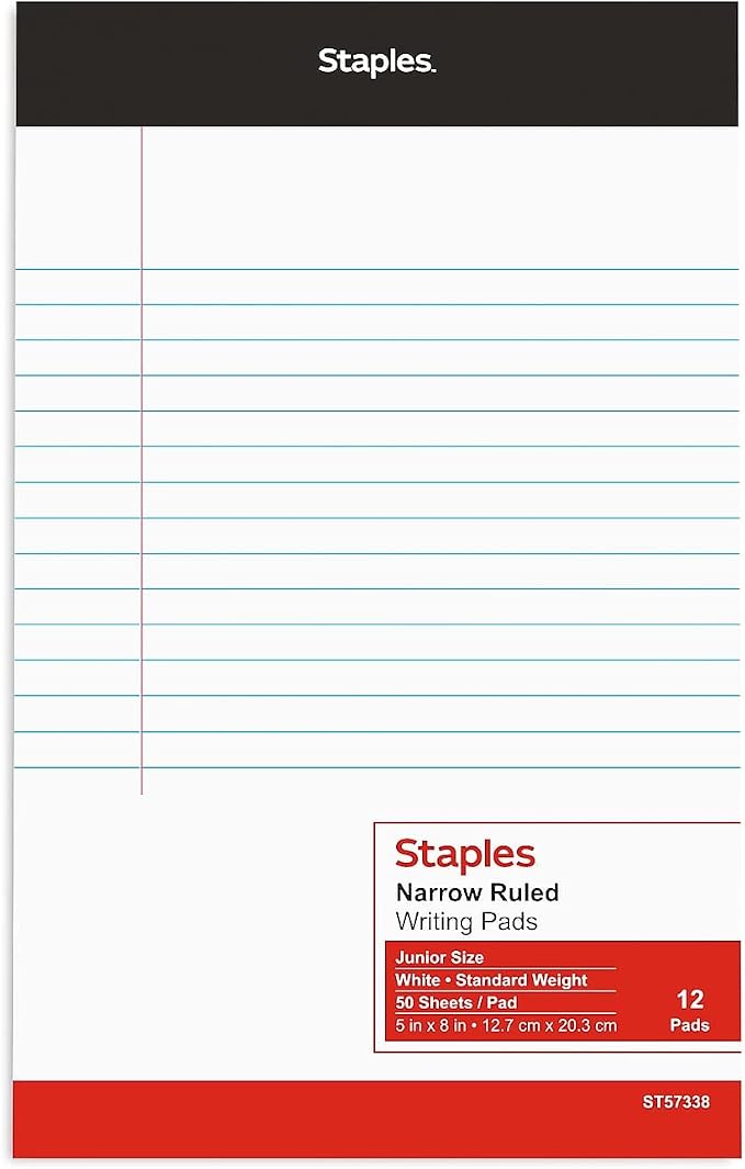 Staples Notepads, 5x8 Inch, Narrow Ruled, White, 12-Pack | 50 sheets per pad. Compact size for notes, lists, and everyday writing.