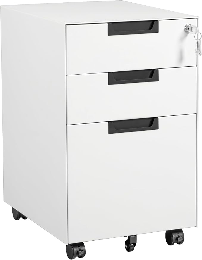 3 Drawer Mobile File Cabinet with Lock,Under Desk Metal Small Filing Cabinets for Home Office Organizer Letters/Legal/A4(Fully Assembled Except Wheels-White)