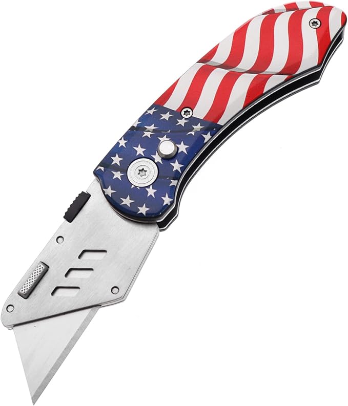 Utility Knife Folding Safety Lock Quick Change with 10 Extra SK5 Replacement Blade Lightweight Aluminum Handle & Pocket Clip Multi-Use Box Cutter Office Home Art Diy Great Gift Choice (New.Flag)