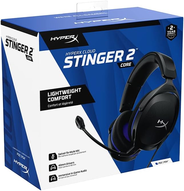 HyperX Cloud Stinger 2 Core - Gaming Headset for Playstation, Lightweight Over-Ear Headset with mic, Swivel-to-Mute Function, 40mm Drivers - Black