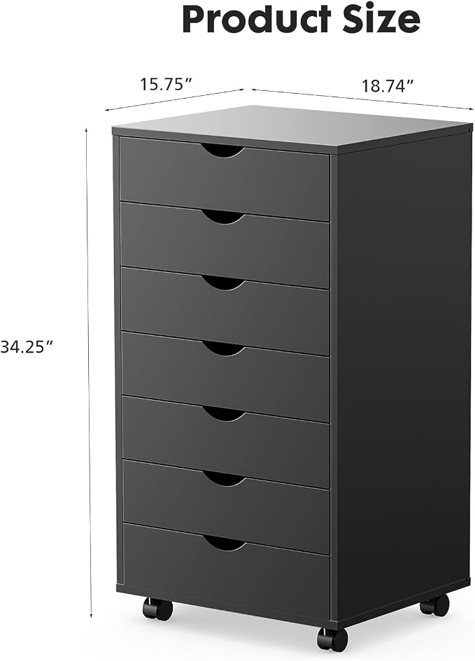OLIXIS 7 Drawer File Cabinet on Wheels, Printer Stand | Fits Under Desks, Wood Storage Organization Holds Printer, Office Supplies, Not For Hanging Files, For Home Office Use Black