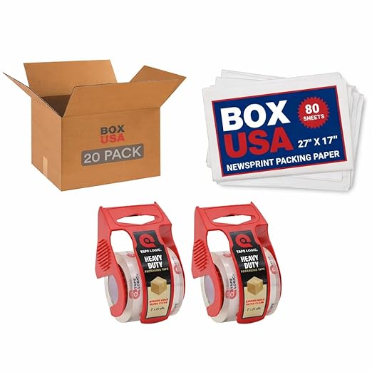 BOX USA Moving Boxes 18"L x 14"W x 12"H (20-Pack) + Packaging Tape 2" x 25yd (2-Pack) + Packing Paper (80 Sheets) - Moving Supplies Bundle