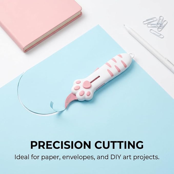 Cat Paw Box Cutter Cute Retractable Cat Box Cutter with Safety Lock Pink | Mini Utility Knife with Ergonomic Paw Handle, Stainless Steel Blade for Opening Packages, Cardboard, Cartons & Tape
