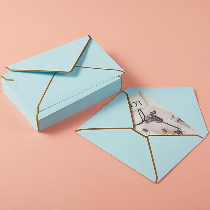 100 Pack A7 Envelopes 5 x 7 Card Envelopes V Flap with Gold Border for Office, Wedding Gift Cards, Invitations, Graduation, Baby Shower, Parties (Light Blue, 5.32 x 7.28 Inches)