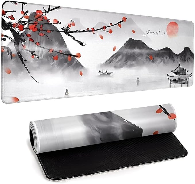 Japanese Cherry Blossom Gaming Mouse Pad Large Desk Mat,Big Desk Pad with Stitched Edge Non-Slip Rubber Base,Office Decor Organizers and Accessories