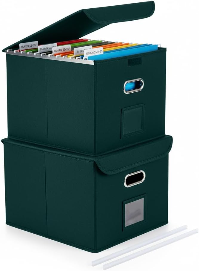 File Organizer Box with Lid (Dark Green, 14.9 x 12.59 x 10.8 inch, 2-Pack) | Large Hanging File Folder Organizer with Plastic Slide, Collapsible Portable Filing Storage Boxes for Office/Decor/Home
