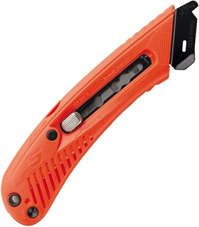 Pacific Handy Cutter S5L Safety Cutter, Left Handed Retractable Utility Knife, Ergonomic Film Cutter, Bladeless Tape Splitter, Steel Guard, Safety, Damage Protection, Warehouse & In-Store Cutting, Red