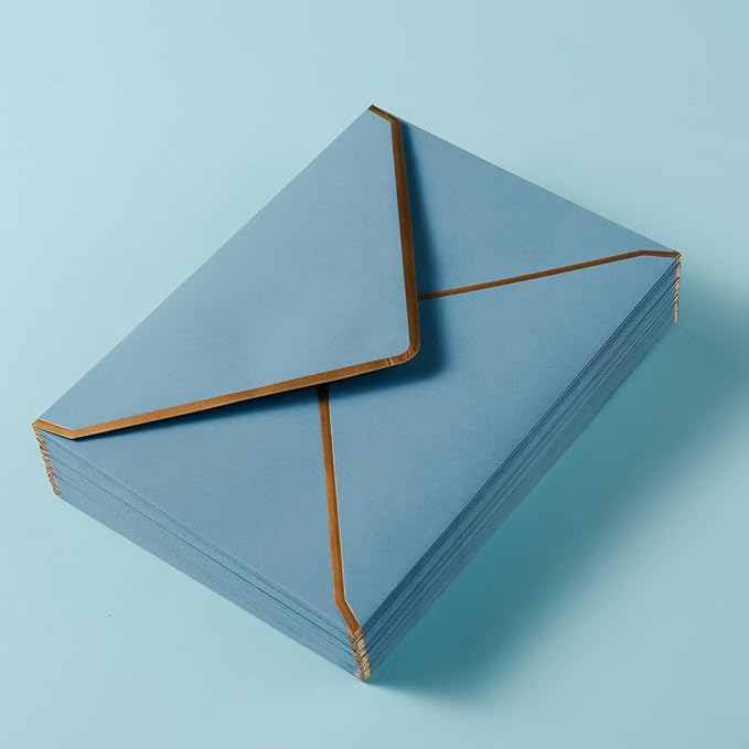 100 Pack A7 Envelopes 5x7 Dusty-Blue Gold Border 5.32x7.28 Inches | With Gold Stickers, For Wedding Gift Cards, Invitations, Graduation, Baby Shower