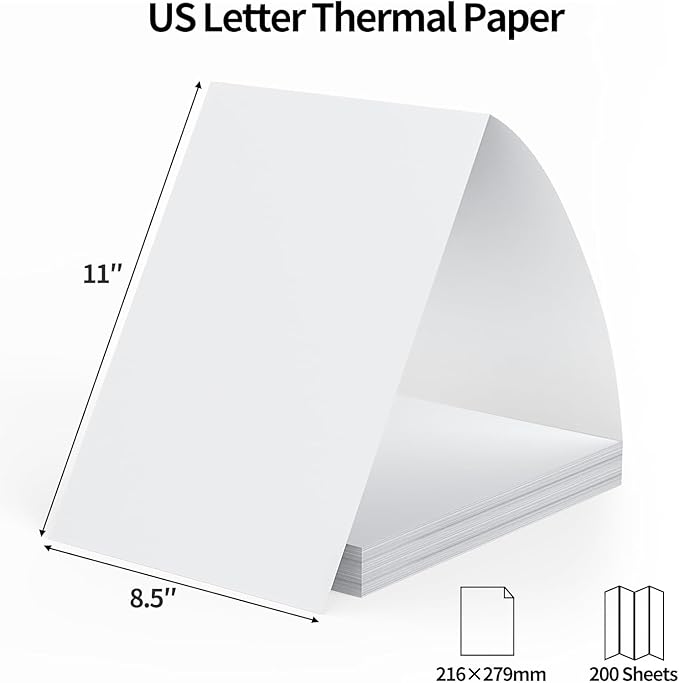 9527 Product 8.5 x 11 Inch Thermal Printer Paper White US Letter Size Thermal Paper with Perforated Line,Folded Continuous printing,Compatible with A4 Portable Thermal Printer (200 Sheets)
