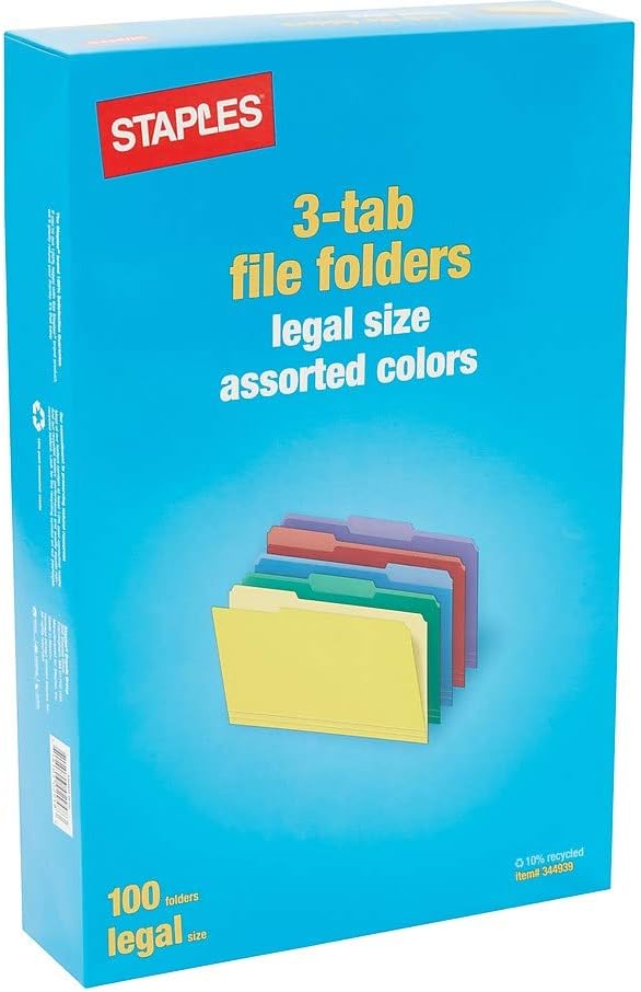 Staples File Folders, Legal Size, 1/3-Cut Tabs, Assorted, 100/Box | Heavy-duty paper stock for everyday legal-size document filing.