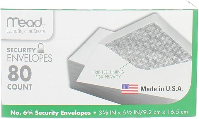 Mead #6-3/4 Envelopes, 3-5/8" x 6-1/2", Security Printed Lining for Privacy, Gummed Closure, White All-Purpose 20-lb Paper Mailing Envelopes, 80 Count (75212)