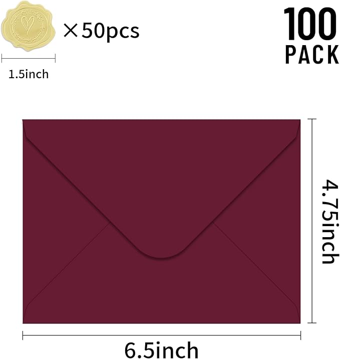 YINUOYOUJIA 100 Pack 4x6 Envelopes with Stickers (100, Burgundy) | A6 Envelopes for Invitations, Printable, Self Seal for Weddings, Invitations, Photos, Postcards, Greeting Cards, Mailing
