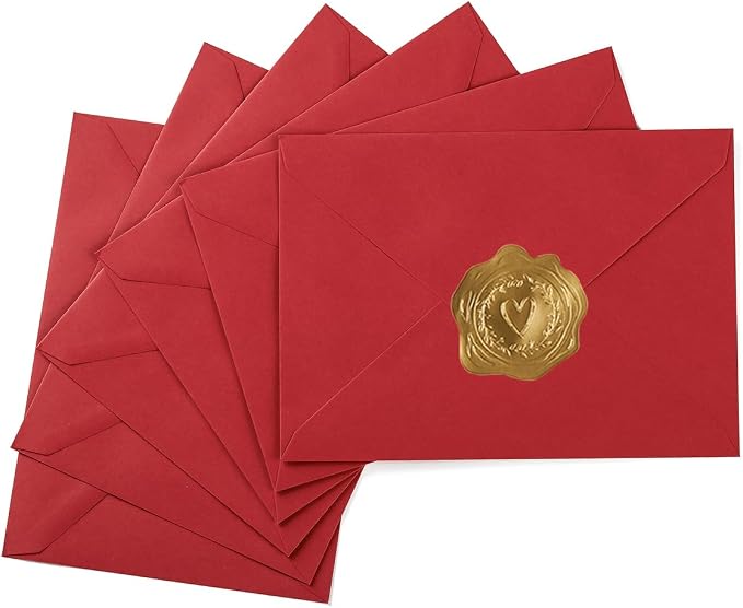 50 Pack A7 Red 5x7 Envelopes Invitation Envelopes with Stickers | V Flap Colorful Envelopes, For 5x7 Cards, Birthday, Weddings, Graduations, Baby Shower, 5.24 x 7.24 Inches
