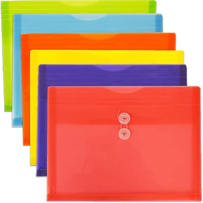 JAM PAPER Plastic Envelopes with Button & String Tie Closure - Letter Booklet - 9 3/4 x 13 - Assorted Primary Colors - 6/Pack