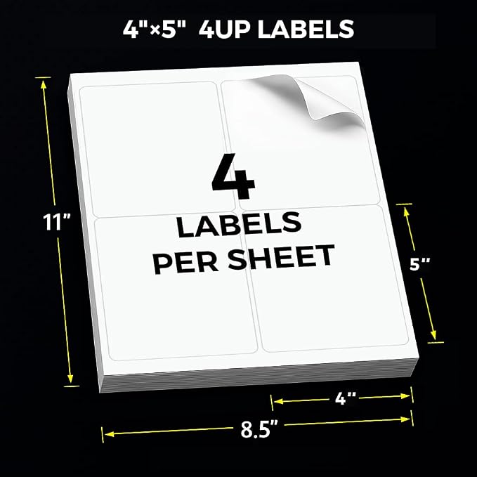 100 Sheets 4" x 5" 4 up FBA Shipping Labels for Packages | 400 Pcs Printable White Matte Address Mailing Labels for Laser/Inkjet Printer (4 Labels per Sheet)