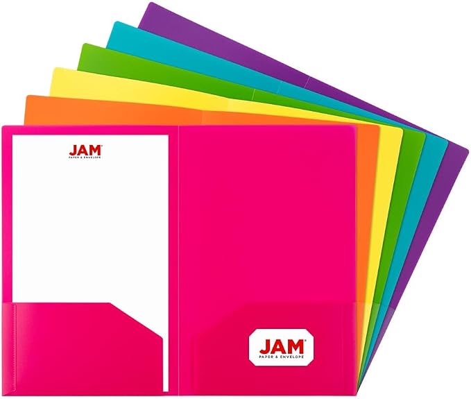 JAM PAPER A4 Heavy Duty Plastic 2 Pocket Presentation Folders - Assorted Fashion Colors - 6/Pack