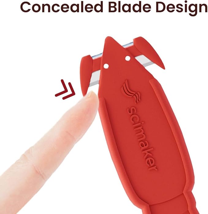 Safety Box Cutter Knife, Recessed SK-2 Blade, 36-Pack Red | Mini package opener tool, finger-safe hidden knife, built-in tape splitter for cardboard & shrink wrap, ambidextrous grip.