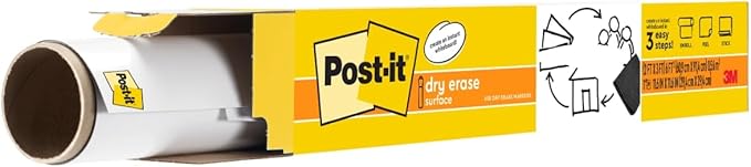 Post-it Dry Erase Whiteboard Film Surface for Walls, Doors, Tables, Chalkboards, Whiteboards, and More, Removable, Stain-Proof, Easy Installation, 3 x 2 ft Roll (DEF3x2)