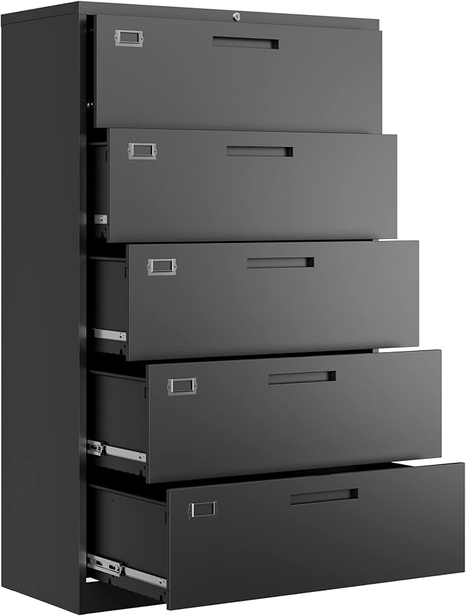 5 Drawer File Cabinet with Lock,Metal Lateral Filing Cabinets for Home Office Hanging Files Letter/Legal/F4/A4 Size(Black-Requires Installation)
