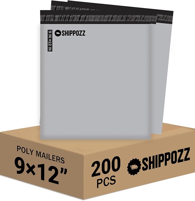 Shippozz 9x12 Poly Mailers 200 Pack, Durable Waterproof Polymailers for Shipping Clothes, Self Seal Mailing Bags for Small Business Packaging Supplies, Mailing Envelopes for Books, and Accessories