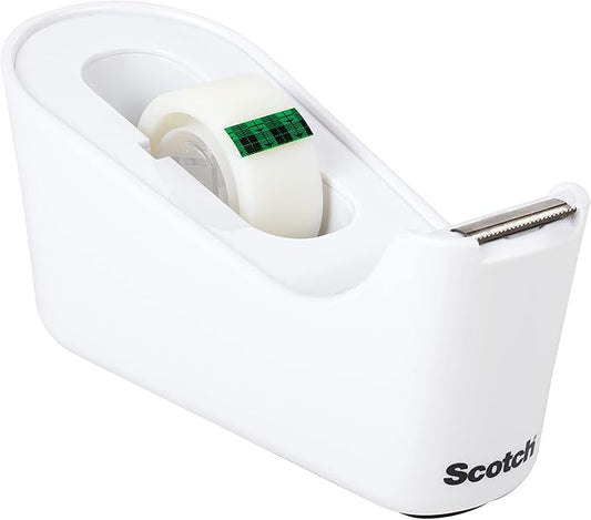 Scotch Desktop Tape Dispenser, White, with 1 Roll Magic Tape (3/4 in x 1296 in) – Weighted Refillable Holder for Office & Home