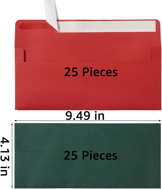 Wishop 50 Pack #10 Business Envelopes Self Seal 4x9 Standard Envelopes for Business, Invoices, Letter Mailing, 4 1/8 x 9 1/2 Inches (Christmas Green/Red, 4.13 x 9.49)