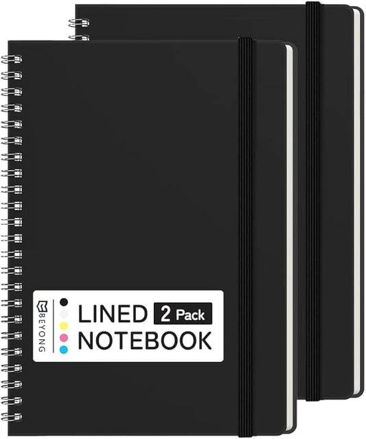 BEYONG Spiral Journal Notebook - 2 Pack Small Size, Lined Journals for Writing, Journaling, Note Pad, Diary, Work & School, Men & Women (Black, 5x7)