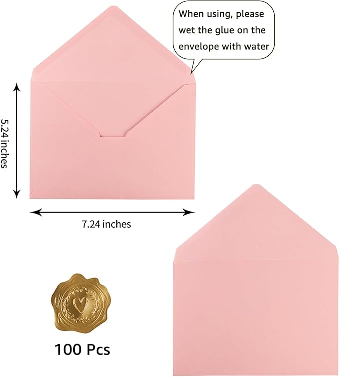 100 Pieces A7 Envelopes Pink 5x7 Envelopes for Greeting Cards, Birthday, Weddings, Baby Shower Invitation Cards (5.24 x 7.24 Inches)