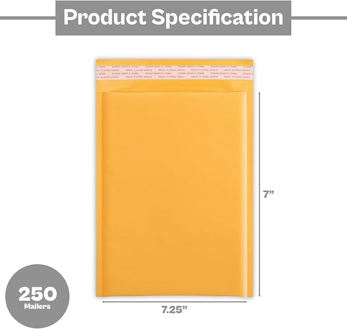 PSBM #CD 250 PCS 7.25 x 8 Inch Kraft Bubble Mailers, Yellow Padded Envelopes, Self-Sealing Peel-Off Strip, Ideal for Shipping CD, DVD, Jewelry, Photos, Magazine, Books, Clothes and More