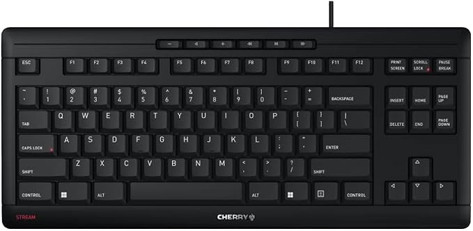 Cherry Stream Wired Keyboard Without Number Pad, Compact TKL | Whisper Quiet Keys, Unique Typing Feel, Slim Design, SX Scissor Switches, QWERTY, Black