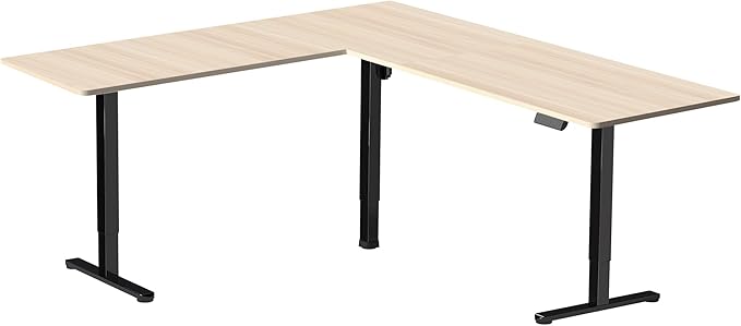 VIVO Corner Standing Desk, 84 x 63 inch Reversible L-Shaped Workstation, Electric Height Adjustment, Home, Office, and Reception Rooms, Light Wood Table Top Black Frame, DESK-E3CTBC-84